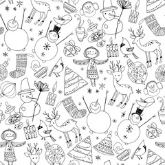 Obraz premium Black and white background with festive symbols of Christmas and New Year. Contour vector illustration.