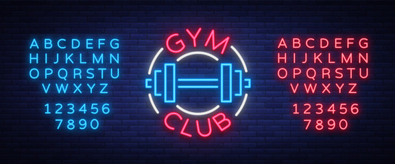 Logotype gym sign in neon style isolated vector illustration. A glowing sign, a nightly bright neon advertisement of the gym, fitness club, sports club. Editing text neon sign