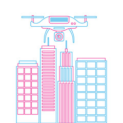 drone with camera flying on city landscape buildings vector illustration