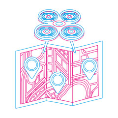 drone flying technology with paper map gps navigation vector illustration