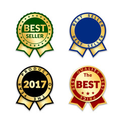 Ribbons award best seller set. Gold ribbon award icon isolated white background. Bestseller golden tag sale label, badge, medal, guarantee quality product, business certificate Vector illustration