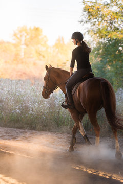 Young pretty girl - riding a horse with backlit leaves behind