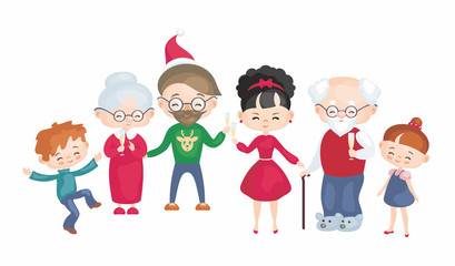 The happy family celebrates Christmas. Vector illustration in cartoon style.