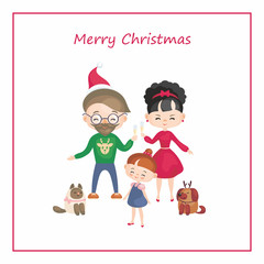 Greeting card with the image of the happy family celebrating Christmas. Vector illustration in cartoon style.