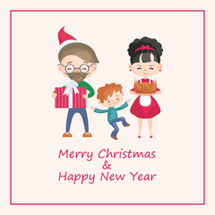 Greeting card with the image of the happy family celebrating Christmas. Vector illustration in cartoon style.