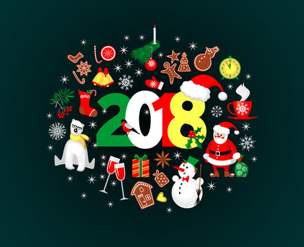 Merry Christmas and Happy New Year 2018 with xmax flat icons around it on dark background. Vector illustration for your holiday design