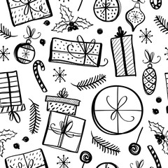 Materiał do szycia Christmas seamless pattern with hand drawn illustrations of present boxes.
