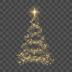 Christmas tree on transparent background. Gold Christmas tree as symbol of Happy New Year, Merry Christmas holiday celebration. Golden light decoration. Bright shiny design Vector illustration
