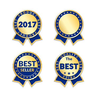 Blue ribbon awards best seller label set. Gold ribbon award icons isolated white background. Best quality design for badge, medal, best price, certificate guarantee product Vector illustration