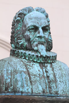 Iceland, Reykjavik. Bust In Front Of Domkirkja (Church) On Austurvollur Square. statue of Jon Vildalin 1666-1720, by R Jonsson