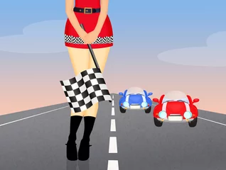 Wandcirkels Motorsport legs of woman with the checkered flag on pit lane  © adrenalinapura