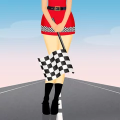 Fototapete Motorsport legs of woman with the checkered flag on pit lane  © adrenalinapura