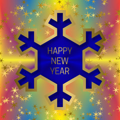 Happy New Year greeting card template on colorful blended background with glittering stars and snowflake frame.