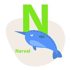 Zoo ABC Letter with Cute Narwhal Cartoon Vector