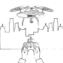 city landscape and people handle remote control with drone vector illustration