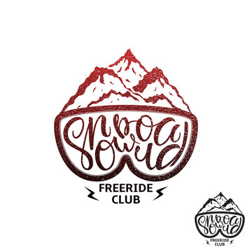 Snowboard Freeride Club Hand Drawn Lettering Print. Snowboarding Typography for t-shirt Design and Other Uses. Vector Label of Extreme Witer Sport with Mountains.