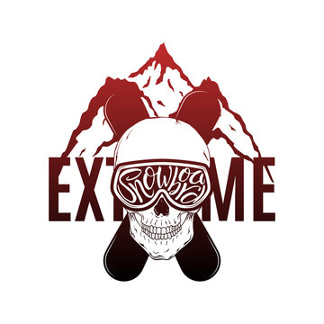 Snowboard Hand Drawn Lettering Print with Skull and Mountains. Snowboarding Typography for t-shirt Design and Other Uses. Vector Label of Extreme Witer Sport.