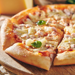 Pizza Restaurant Menu - Delicious Fresh Pizza with Chicken and Pineapple. Pizza on Rustic Wooden Table with Ingredients