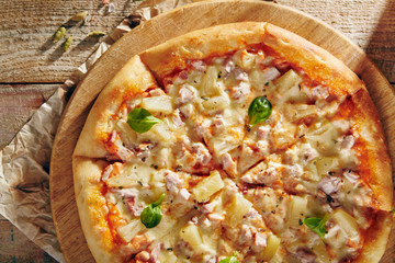 Pizza Restaurant Menu - Delicious Fresh Pizza with Chicken and Pineapple. Pizza on Rustic Wooden Table with Ingredients