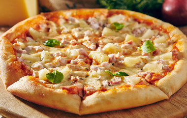Pizza Restaurant Menu - Delicious Fresh Pizza with Chicken and Pineapple. Pizza on Rustic Wooden Table with Ingredients
