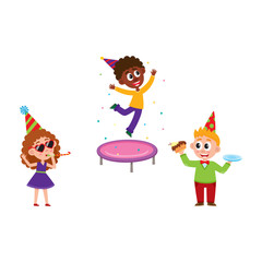 Kids having fun at birthday party, jumping on trampoline, blowing whistle, eating cake, cartoon vector illustration isolated on white background. Black and Caucasian kids having fun at birthday party