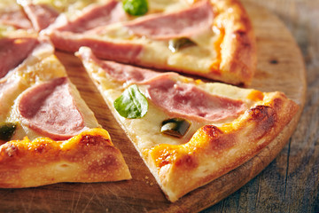 Pizza Restaurant Menu - Delicious Fresh Spicy Pizza with Ham and Chili Pepper. Pizza on Rustic Wooden Table with Ingredients