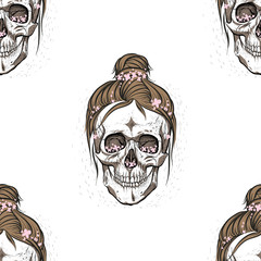 Girl's skulls. Fashionable hairstyles. Hanging curls. Seamless pattern