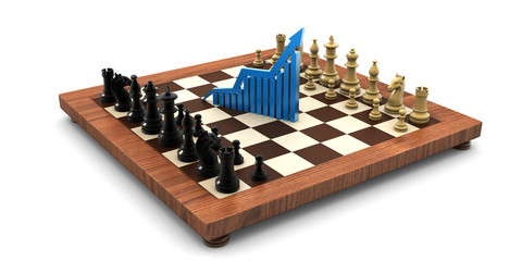 3d rendered Chess battle on wood board isolated on white background