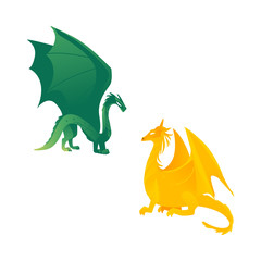 Couple of flying dragon fictional characters, mythical creatures, side view flat vector illustration isolated on white background. Green and yellow dragon creatures with wings and long tails