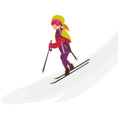 Happy teenage girl in warm clothes, helmet and glasses skiing downhill, winter sport activity, flat cartoon vector illustration isolated on white background. Pretty teen girl skiing, having fun