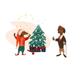 vector cartoon stylized humanized dachshund dog characters near decorated christmas tree with presents. Animal in christmas hat elf costume, another in suit standing with cane. Isolated illustration
