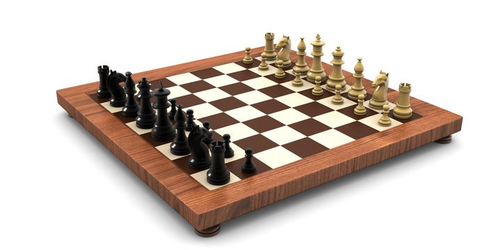 3d rendered Chess battle on wood board isolated on white background
