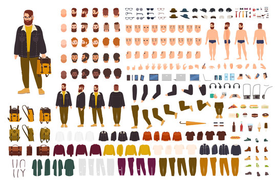 Fat man creation set or DIY kit. Collection of flat cartoon character body parts, face expressions, trendy hipster clothes isolated on white background. Front, side, back view. Vector illustration.