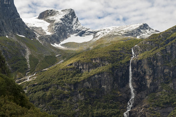 Jostedalsbreen National Park in Norway - mountains, stream and glaciers