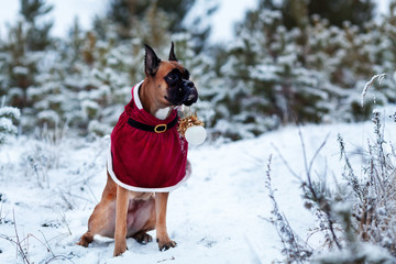 Portrait of dog in Santa costume against background of Christmas trees.