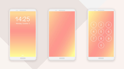 Smartphone screen ui, ux template backgrounds. Abstract nude gradient texture, vector illustration. Blurred yellow, pink, nude colors, white smart phone mockups isolated on cool background.