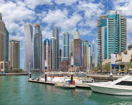 Dubai - The skyscrapers of Marina and the yachts.