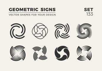 Set of eight minimalistic trendy shapes. Stylish vector logo emblems for Your design. Simple geometric signs collection. - obrazy, fototapety, plakaty