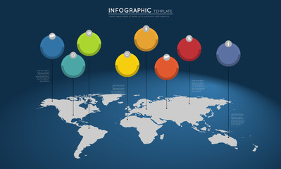 world map with colorful circles and pointers, infographic template