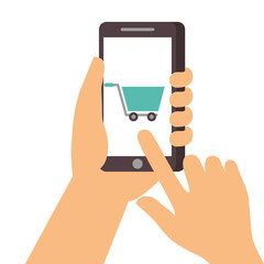 hand holding smartphone shopping cart online market vector illustration