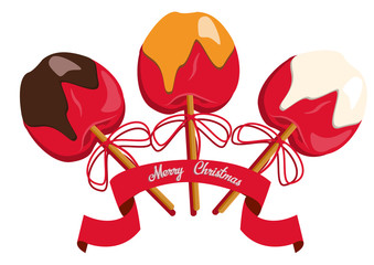 Red apple in caramel and chocolate and sweet sprinkles with stick in it. Simple vector illustration on white background. Merry Christmas and New Year Holiday. Eps 10. Ribbon.