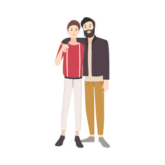 Pair of young men dressed in stylish clothing smiling, standing together and embracing. Gay couple. Beautiful male cartoon characters isolated on white background. Colorful flat vector illustration.