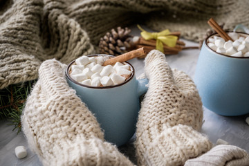 Fototapeta na wymiar Christmas and New Year cozy holiday composition with cinnamon, scarf, woman hands in mittens holding cup, pine cone, mugs with cocoa or chocolate, marshmallow on the gray concrete background.