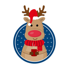 Cute christmas deer with santa hat, scarf and red cup. Vector print for t-shirt, sweatshirt
