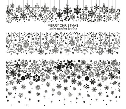 Seamless snowflake border set, white background, Christmas design. Vector illustration, merry xmas flake header or banner, wallpaper or backdrop decor