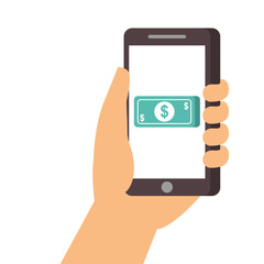 hand holding smartphone banknote money payment online vector illustration