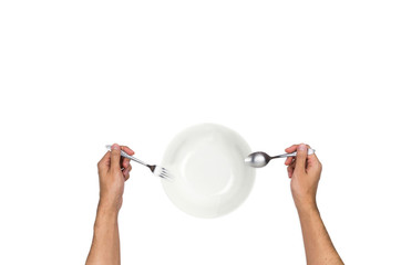 Hands using spoon and fork, eating top view angle, isolated on white background