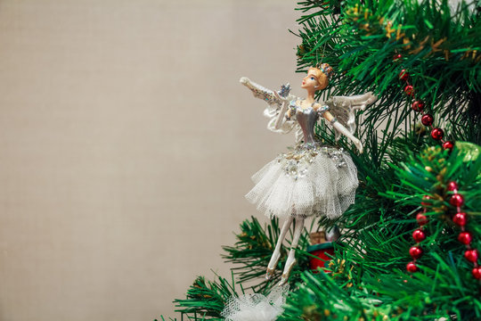 Close up Christmas toy of ballet dancer on tree