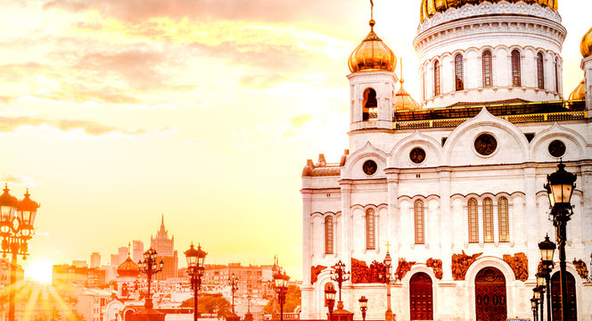 Cathedral of Christ the Saviour in Moscow, Russia, On the Sunset
