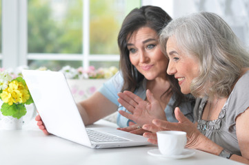 Two elderly girlfriends with a laptop